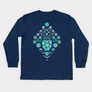 JARDINIERE Vintage Damask Flowers in Floral Vase Turquoise Teal Gray - UnBlink Studio by Jackie Tahara Kids Long Sleeve T-Shirt